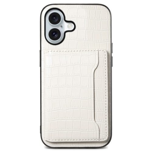 For iPhone 16 Case Card Holder Kickstand Crocodile Texture Leather Back Phone Cover - White