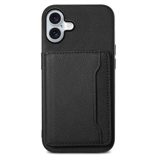 For iPhone 16 Case Card Holder Kickstand Leather Coated PC+TPU Phone Cover - Black