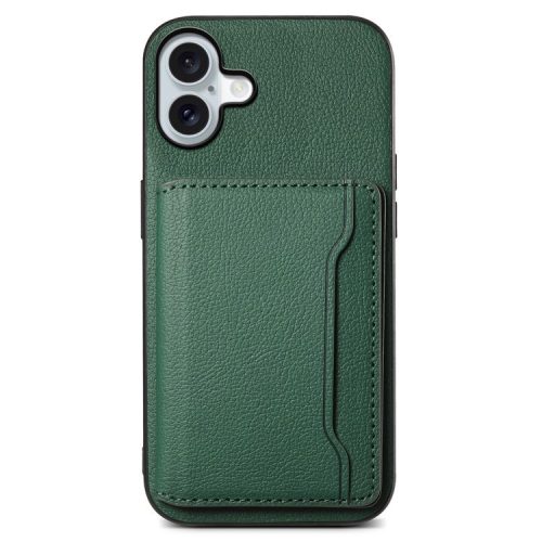 For iPhone 16 Case Card Holder Kickstand Leather Coated PC+TPU Phone Cover - Green