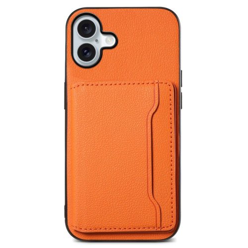 For iPhone 16 Case Card Holder Kickstand Leather Coated PC+TPU Phone Cover - Orange