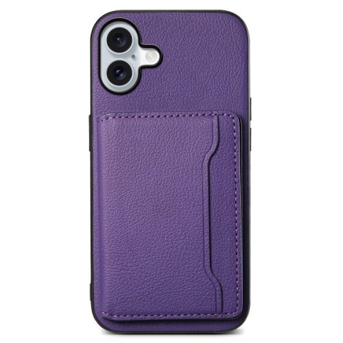 For iPhone 16 Case Card Holder Kickstand Leather Coated PC+TPU Phone Cover - Purple