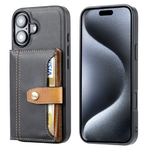 For iPhone 16 Case Card Holder PU Leather+TPU Kicsktand Phone Cover - Black