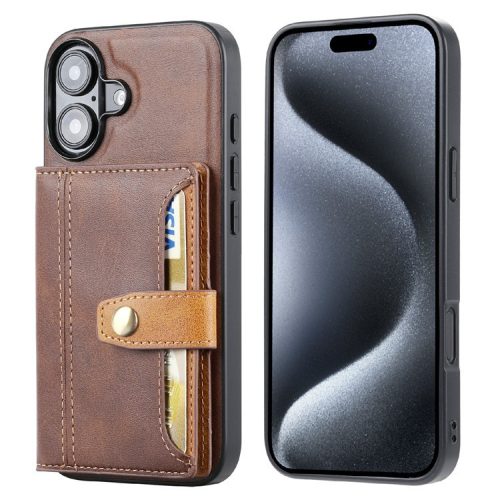 For iPhone 16 Case Card Holder PU Leather+TPU Kicsktand Phone Cover - Brown