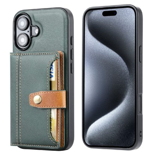 For iPhone 16 Case Card Holder PU Leather+TPU Kicsktand Phone Cover - Green