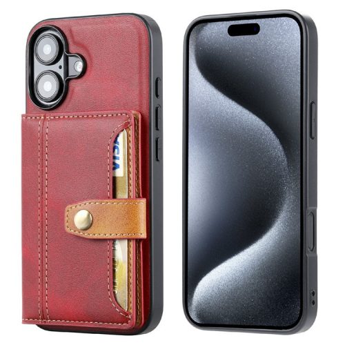 For iPhone 16 Case Card Holder PU Leather+TPU Kicsktand Phone Cover - Red