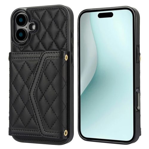 For iPhone 16 Case Card Holders RFID Blocking PU Leather+TPU Phone Cover with Shoulder Strap - Black