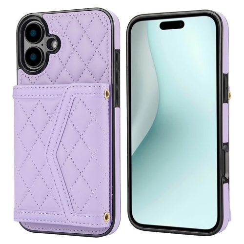 For iPhone 16 Case Card Holders RFID Blocking PU Leather+TPU Phone Cover with Shoulder Strap - Purple