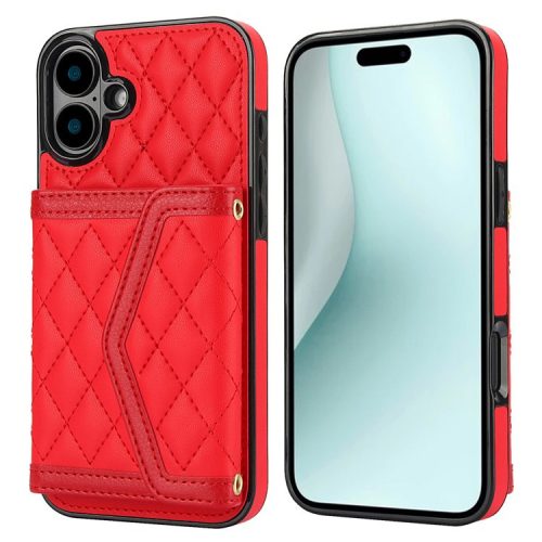 For iPhone 16 Case Card Holders RFID Blocking PU Leather+TPU Phone Cover with Shoulder Strap - Red