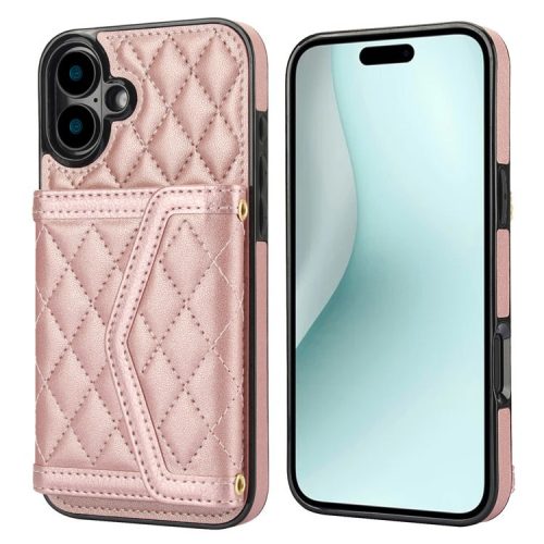 For iPhone 16 Case Card Holders RFID Blocking PU Leather+TPU Phone Cover with Shoulder Strap - Rose Gold