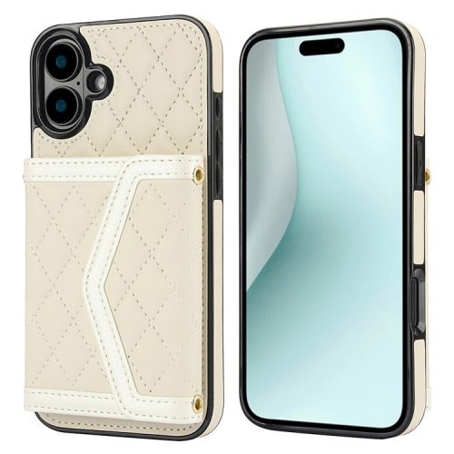 For iPhone 16 Case Card Holders RFID Blocking PU Leather+TPU Phone Cover with Shoulder Strap - White