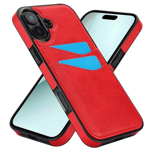 For iPhone 16 Case Card Slot Slim-Fit PU+TPU Mobile Cover - Red