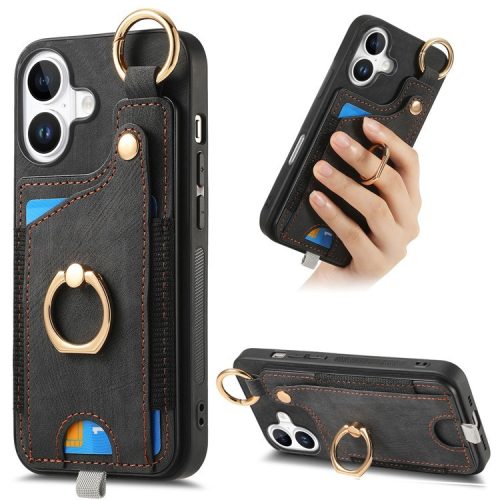 For iPhone 16 Case Card Slots Leather+TPU Phone Cover with Ring Buckle - Black