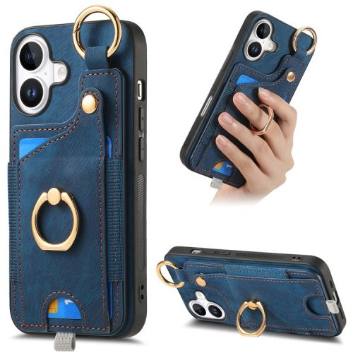 For iPhone 16 Case Card Slots Leather+TPU Phone Cover with Ring Buckle - Blue