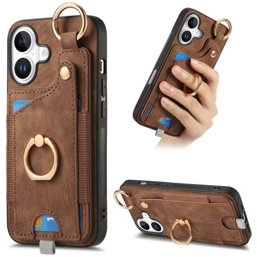 For iPhone 16 Case Card Slots Leather+TPU Phone Cover with Ring Buckle - Brown