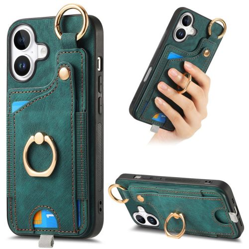 For iPhone 16 Case Card Slots Leather+TPU Phone Cover with Ring Buckle - Green