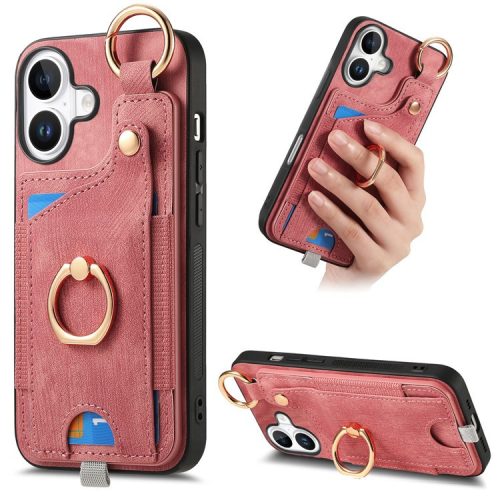 For iPhone 16 Case Card Slots Leather+TPU Phone Cover with Ring Buckle - Pink