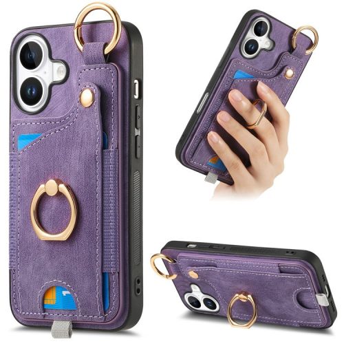 For iPhone 16 Case Card Slots Leather+TPU Phone Cover with Ring Buckle - Purple