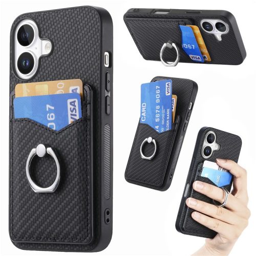 For iPhone 16 Case Card Slots Ring Holder Kickstand Phone Cover - Black