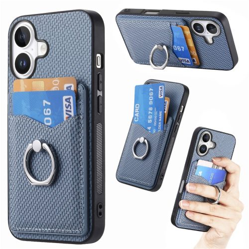 For iPhone 16 Case Card Slots Ring Holder Kickstand Phone Cover - Blue