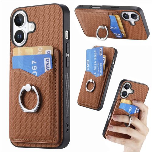 For iPhone 16 Case Card Slots Ring Holder Kickstand Phone Cover - Brown