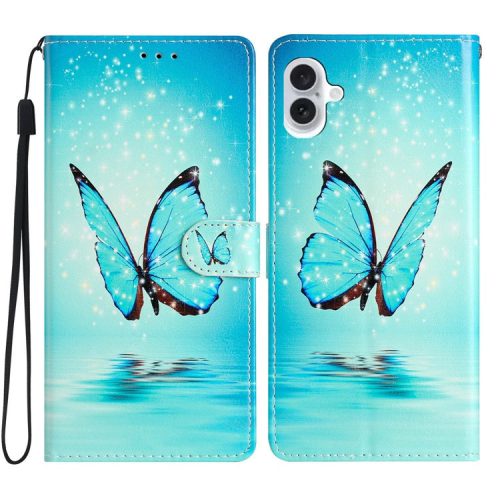 For iPhone 16 Case Card Slots Wallet Pattern Print PU Leather Phone Cover - Blue Butterfly