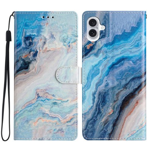 For iPhone 16 Case Card Slots Wallet Pattern Print PU Leather Phone Cover - Blue Marble