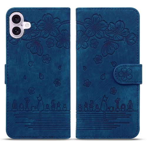 For iPhone 16 Case Cartoon Cat Pattern Card Holder Leather Phone Cover - Blue