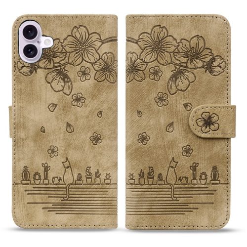 For iPhone 16 Case Cartoon Cat Pattern Card Holder Leather Phone Cover - Brown