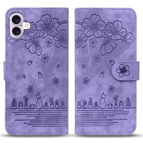 For iPhone 16 Case Cartoon Cat Pattern Card Holder Leather Phone Cover - Purple