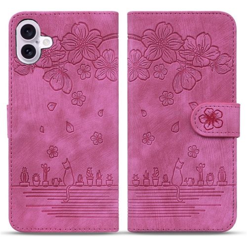 For iPhone 16 Case Cartoon Cat Pattern Card Holder Leather Phone Cover - Rose