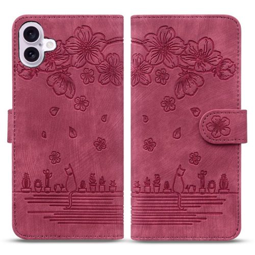 For iPhone 16 Case Cartoon Cat Pattern Card Holder Leather Phone Cover - Wine Red