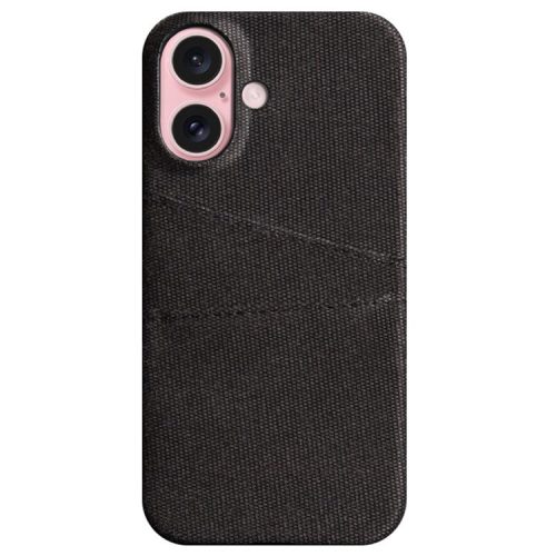 For iPhone 16 Case Cloth + PC Hard Phone Cover with Dual Card Slots - Black