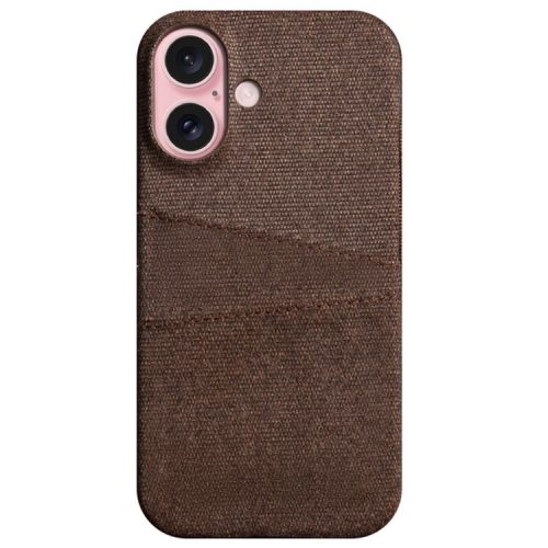 For iPhone 16 Case Cloth + PC Hard Phone Cover with Dual Card Slots - Brown