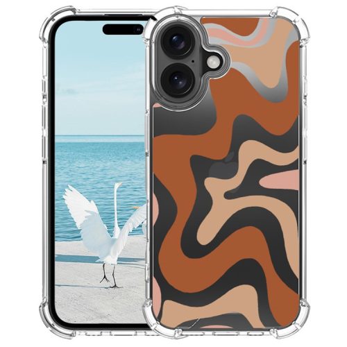 For iPhone 16 Case Colorful Wave Pattern Printing Soft TPU+PC Phone Cover - Brown