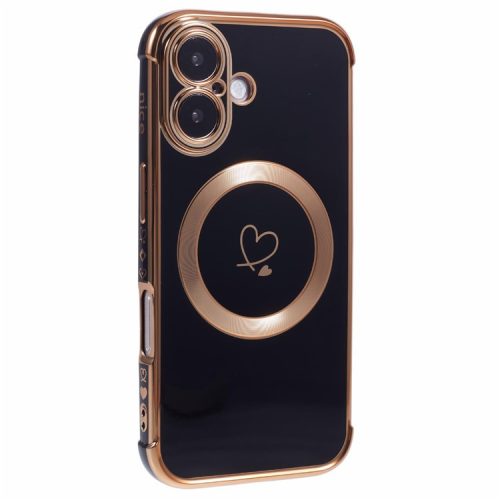 For iPhone 16 Case Compatible with MagSafe Electroplated TPU Phone Cover Hollow Love Hearts - Black