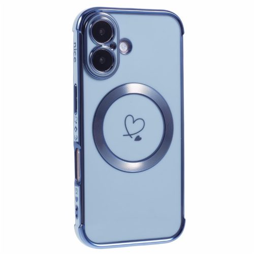 For iPhone 16 Case Compatible with MagSafe Electroplated TPU Phone Cover Hollow Love Hearts - Blue