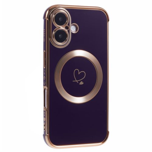 For iPhone 16 Case Compatible with MagSafe Electroplated TPU Phone Cover Hollow Love Hearts - Dark Purple