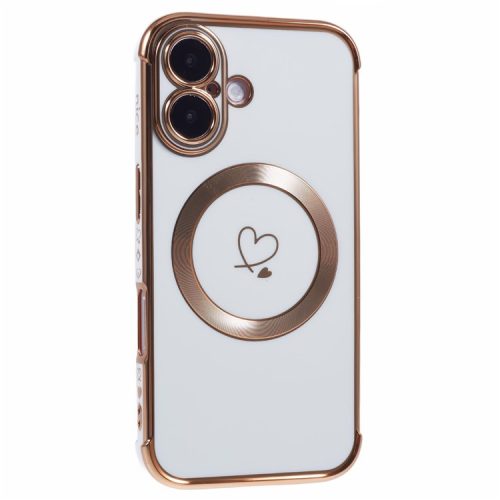 For iPhone 16 Case Compatible with MagSafe Electroplated TPU Phone Cover Hollow Love Hearts - Ivory White