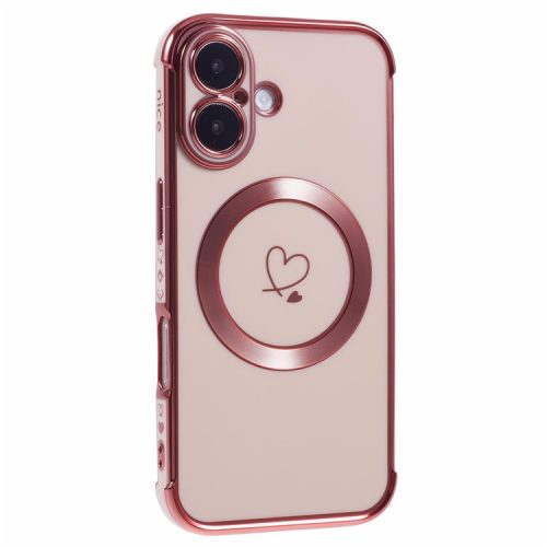 For iPhone 16 Case Compatible with MagSafe Electroplated TPU Phone Cover Hollow Love Hearts - Rose Pink