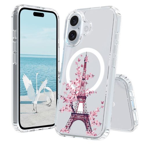 For iPhone 16 Case Compatible with MagSafe Flower Pattern Printing TPU+PC Phone Cover - Style A