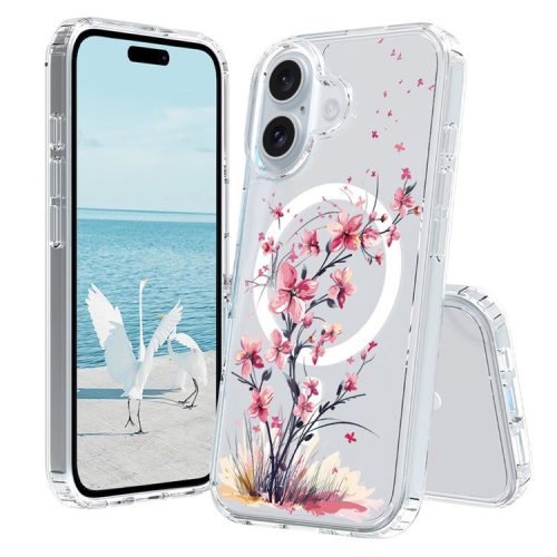 For iPhone 16 Case Compatible with MagSafe Flower Pattern Printing TPU+PC Phone Cover - Style B