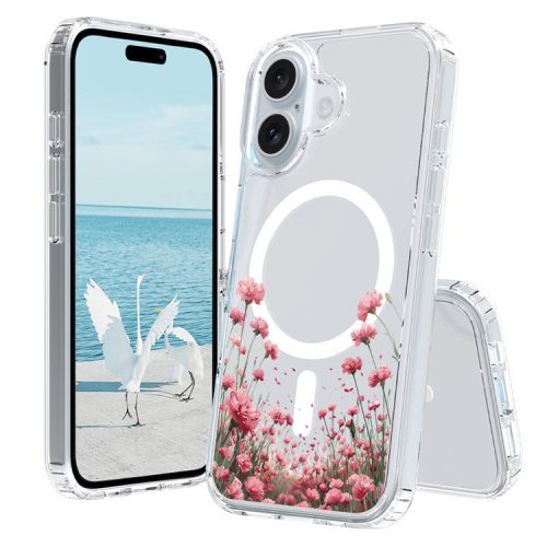 For iPhone 16 Case Compatible with MagSafe Flower Pattern Printing TPU+PC Phone Cover - Style D