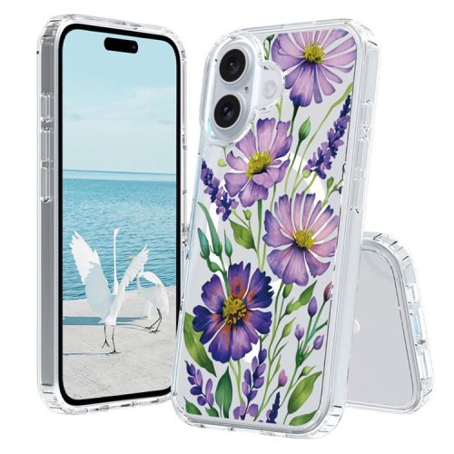 For iPhone 16 Case Compatible with MagSafe Flower Pattern Printing TPU+PC Phone Cover - Style F