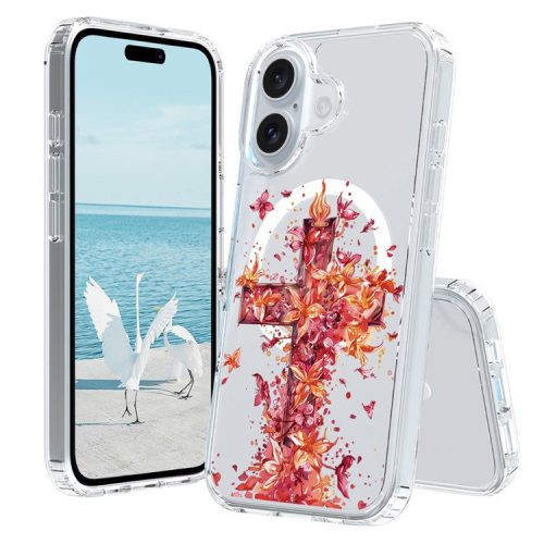 For iPhone 16 Case Compatible with MagSafe Flower Pattern Printing TPU+PC Phone Cover - Style G