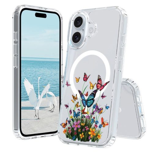 For iPhone 16 Case Compatible with MagSafe Flower Pattern Printing TPU+PC Phone Cover - Style H