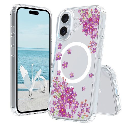 For iPhone 16 Case Compatible with MagSafe Flower Pattern Printing TPU+PC Phone Cover - Style I