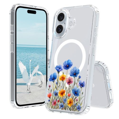 For iPhone 16 Case Compatible with MagSafe Flower Pattern Printing TPU+PC Phone Cover - Style J