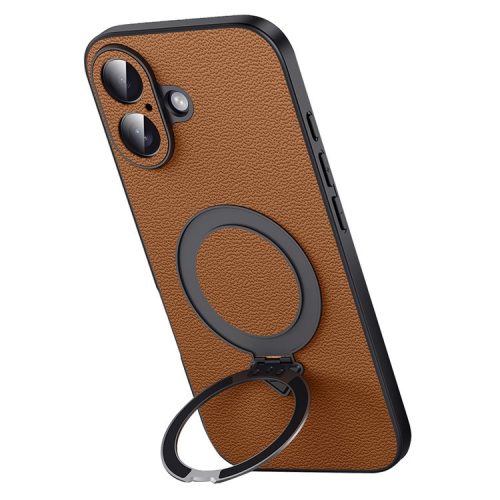 For iPhone 16 Case Compatible with MagSafe Genuine Cow Leather+PC Kickstand Phone Cover - Brown