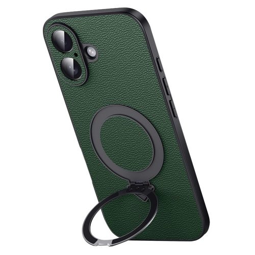 For iPhone 16 Case Compatible with MagSafe Genuine Cow Leather+PC Kickstand Phone Cover - Green