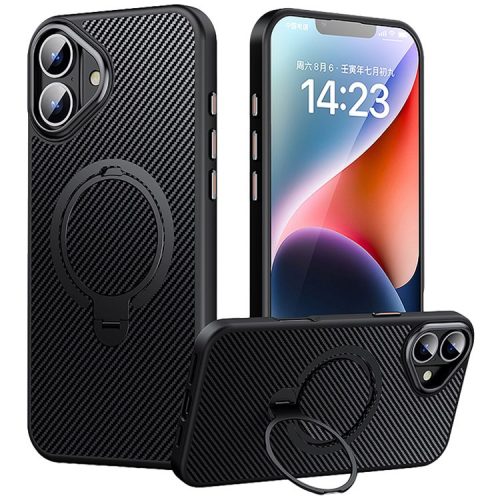 For iPhone 16 Case Compatible with MagSafe PC+TPU Phone Cover Ring Holder Carbon Fiber Texture - Black